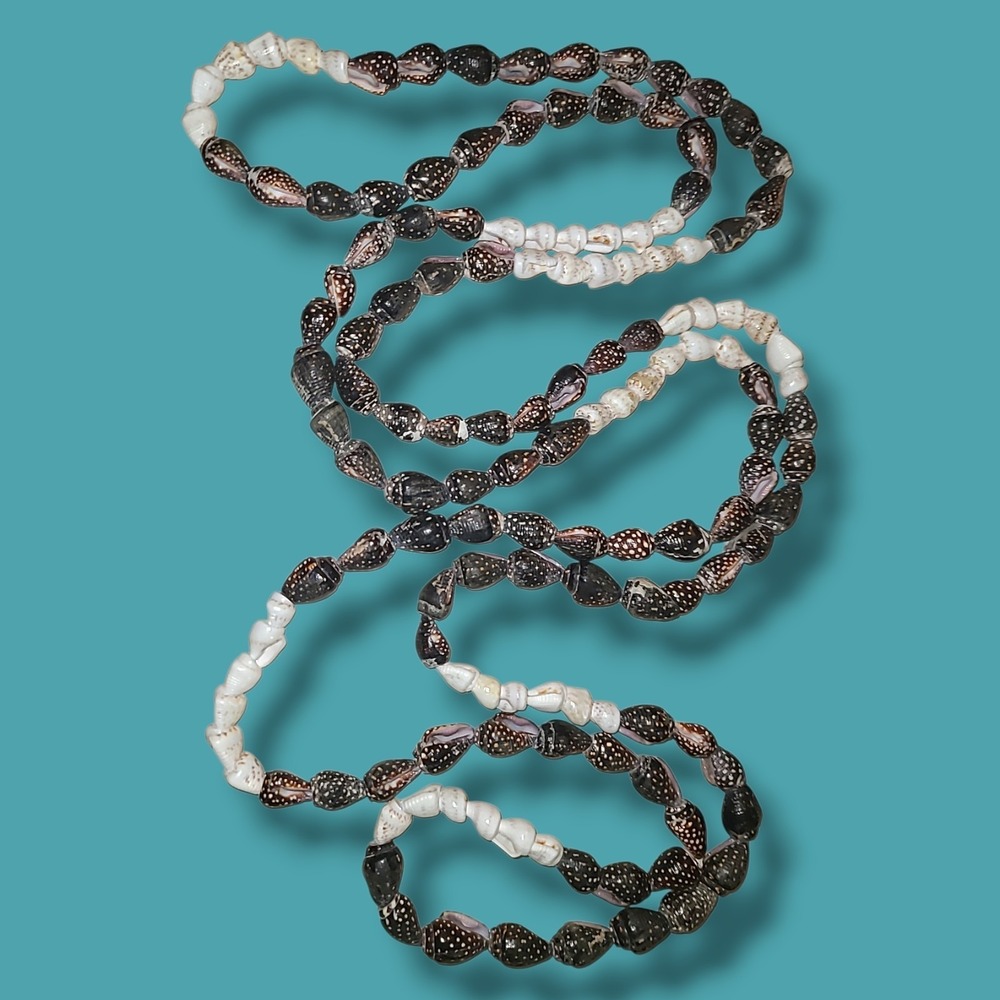 Vintage 60" Shell Bead Necklace Black White Natural Shell Long Boho Tribal